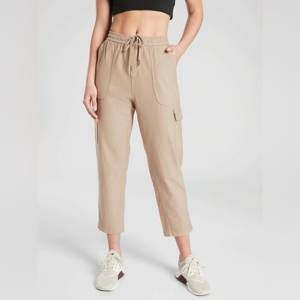 Athleta Farallon Cargo Crop Pant in Silt Taupe.